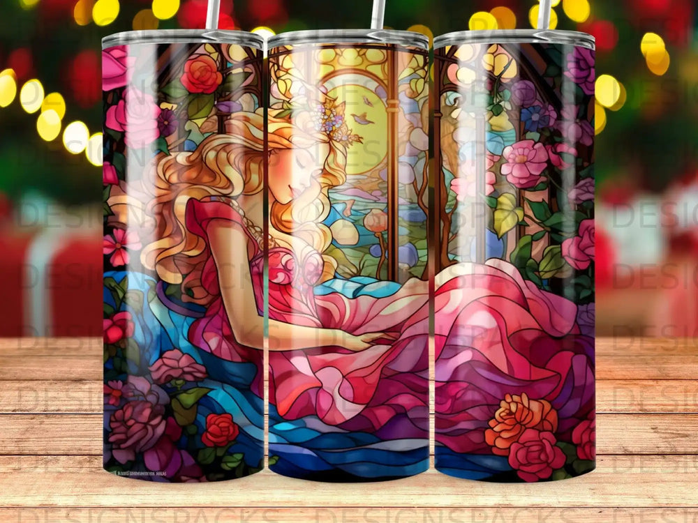 Woman in pink dress surrounded by roses and stained glass.