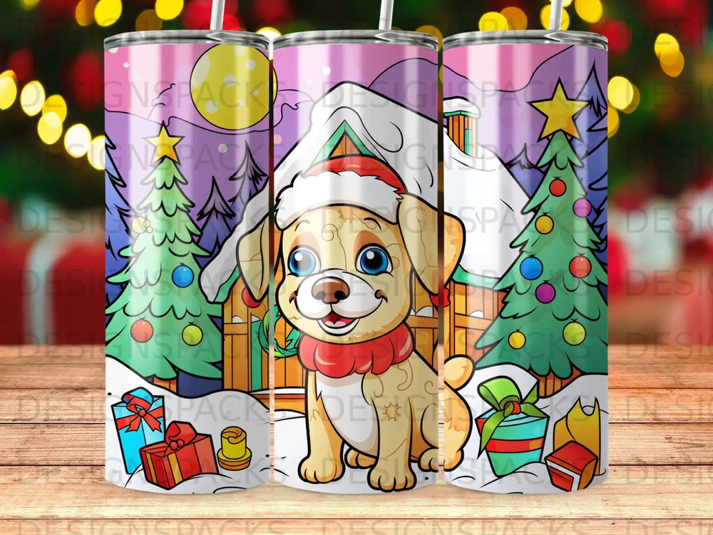 Cute cartoon dog in Santa hat with festive background and gifts.
