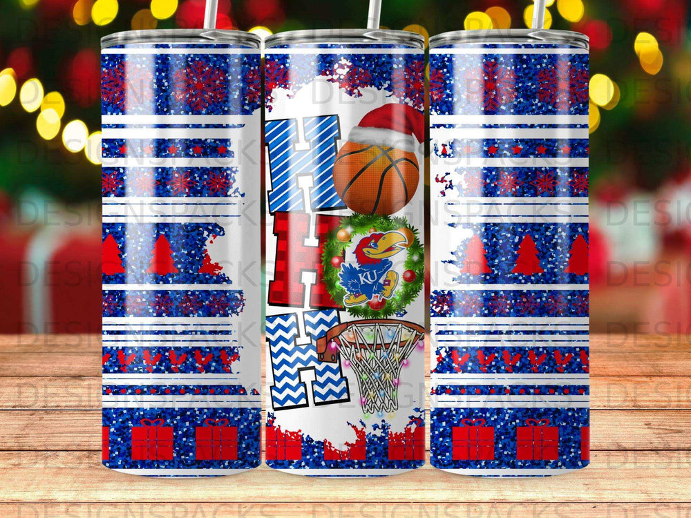 Holiday tumbler with Kansas Jayhawks basketball theme, featuring red, white, and blue snowflakes and stripes.