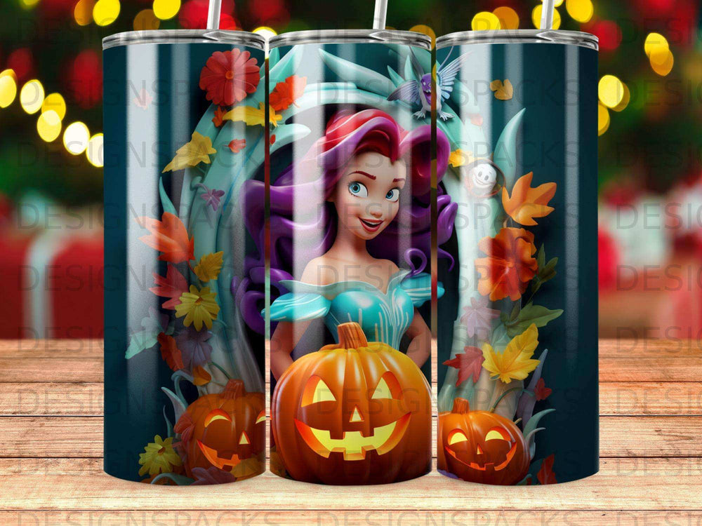 Ariel with pumpkins and fall leaves on a tumbler.