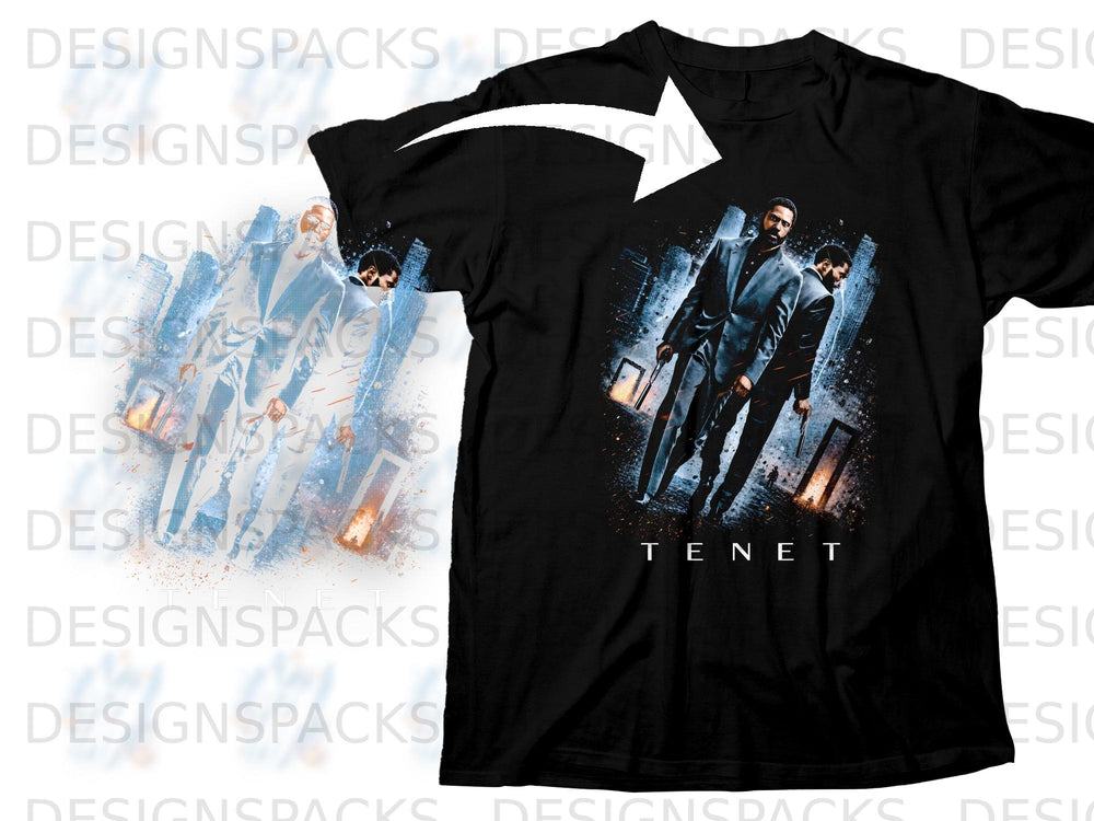 Black t-shirt with "Tenet" movie art featuring two men in suits and city background.
