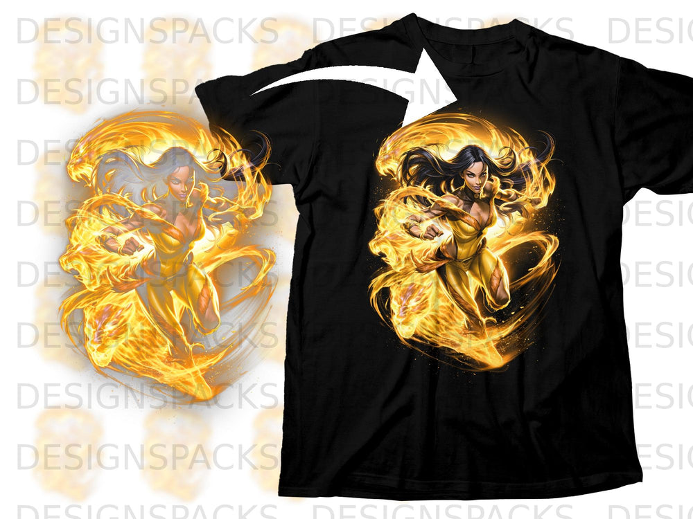 Black t-shirt with a fiery female warrior character graphic and a white arrow overlay.