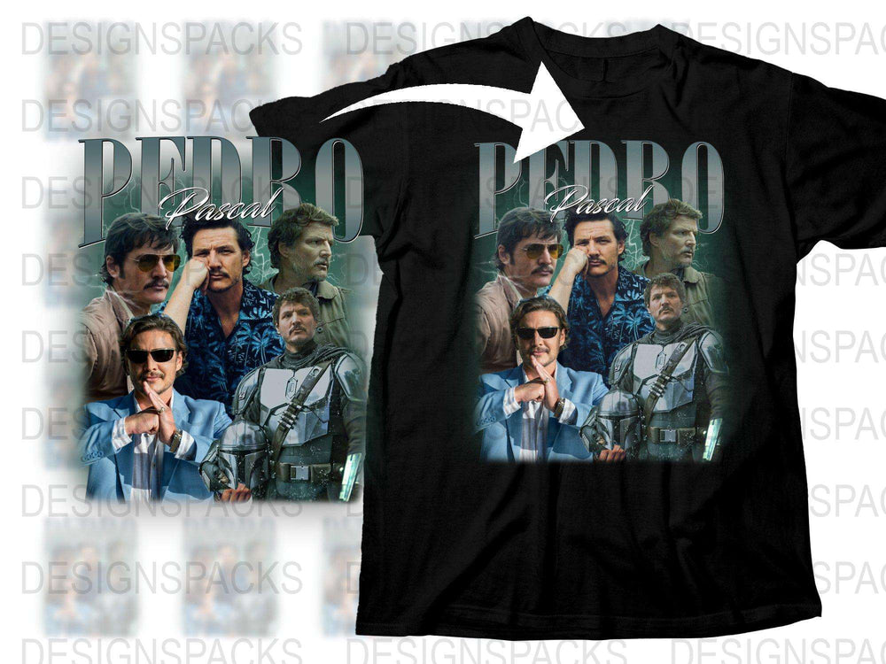 Pedro Pascal Retro Movie Collage T-Shirt, Graphic Tee for Men, Vintage Style Fan Apparel