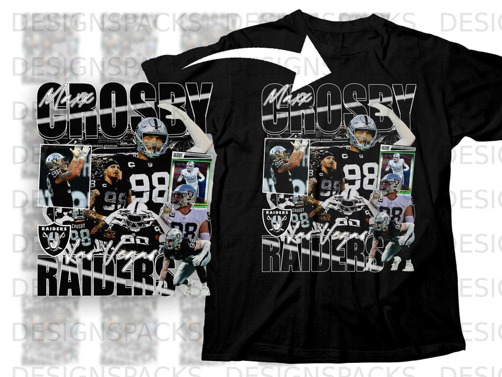 Black t-shirt with Max Crosby Raiders graphic.