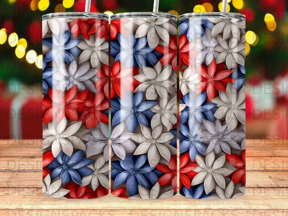 Tumbler with red, white, and blue floral pattern.