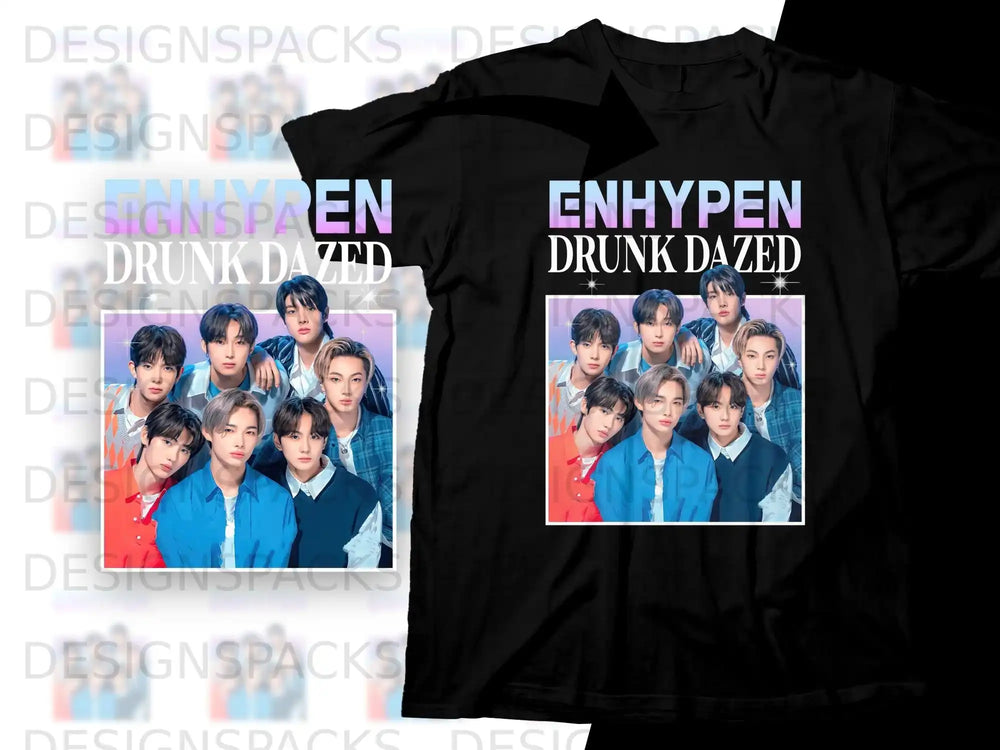 ENHYPEN Drunk Dazed album art on black t-shirt mockups.
