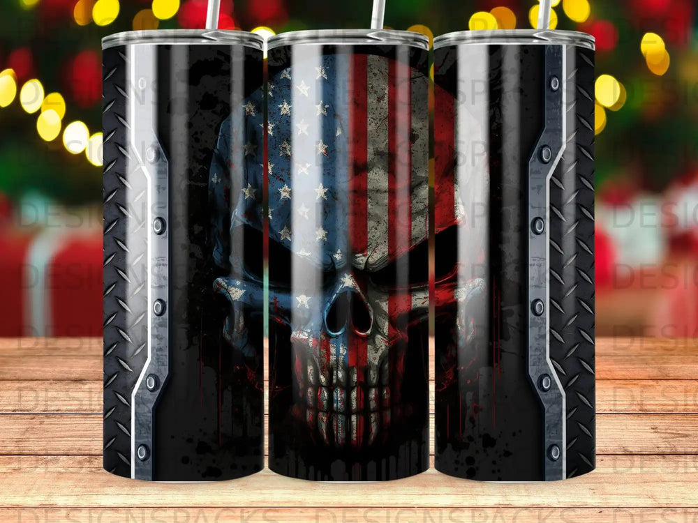 Skull with American flag painted on its face, distressed metallic background.