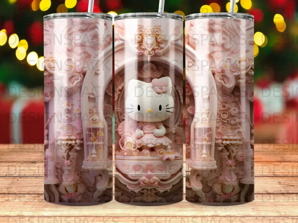 Pink Hello Kitty themed tumbler with ornate floral and scrollwork design.