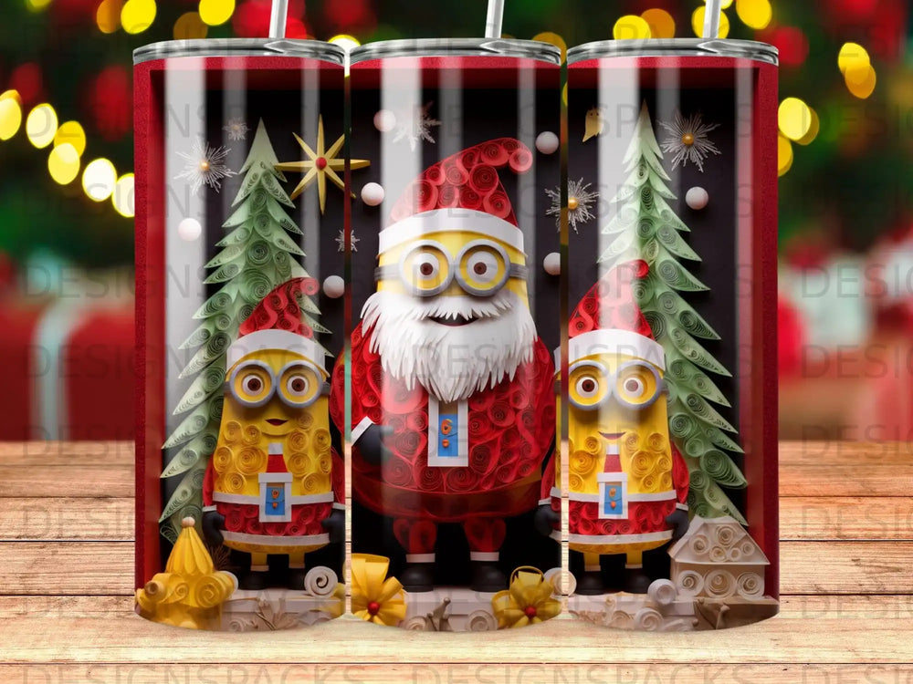 Three Santa Minions in festive attire stand before Christmas trees.