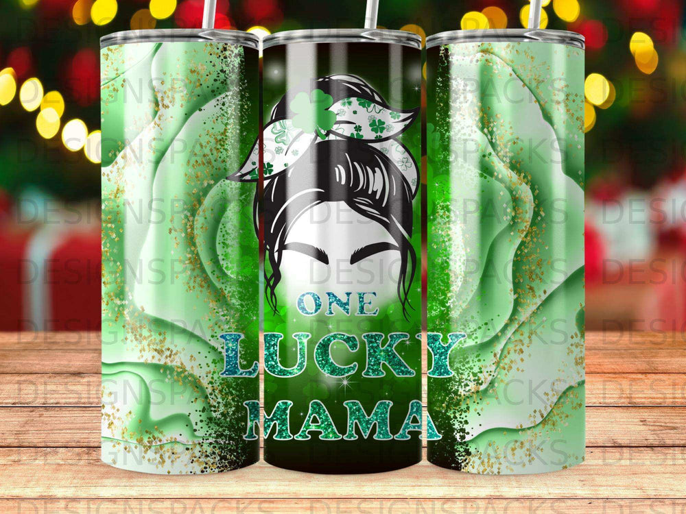Tumbling green lucky mama tumbler with shamrock hair bow.