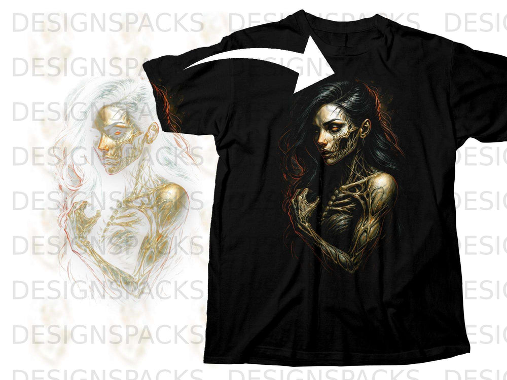 Black t-shirt with a detailed graphic of a skeletal woman with dark hair.
