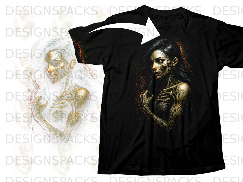 Black t-shirt with a detailed graphic of a skeletal woman with dark hair.