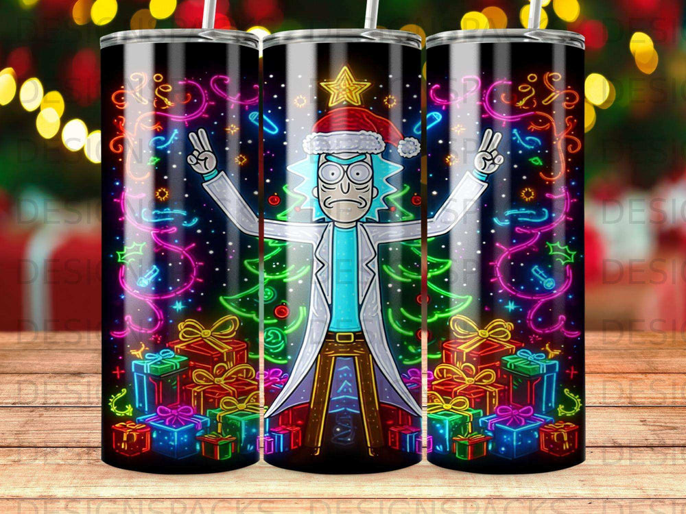Rick Sanchez in Santa hat with Christmas tree and presents, glowing neon design.