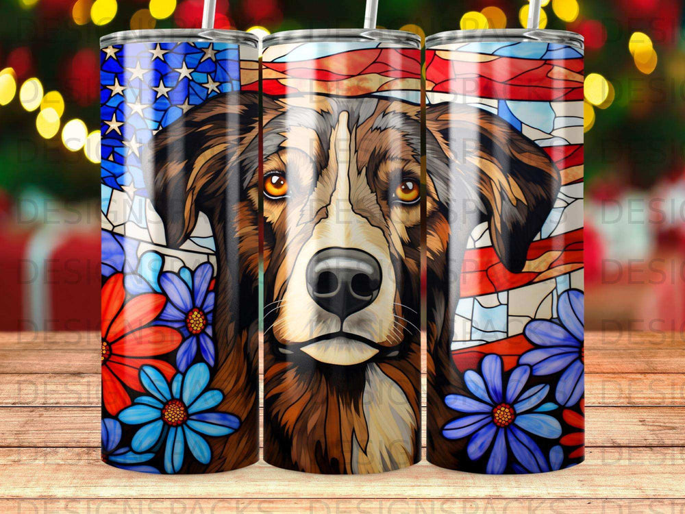 Dog portrait with American flag and stained-glass flowers.