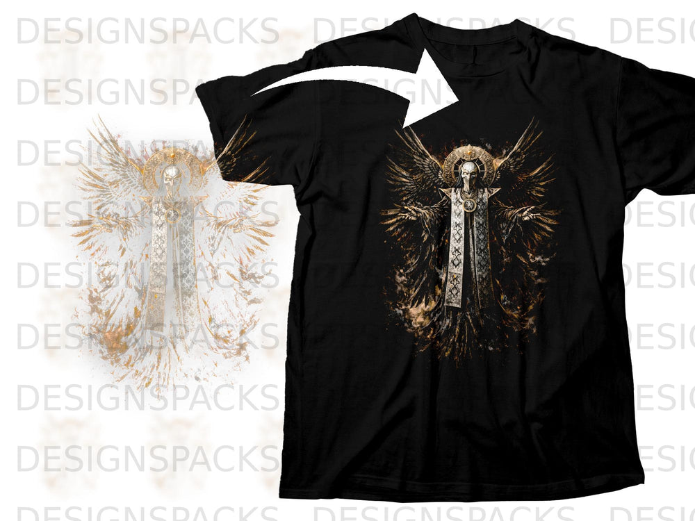 Black t-shirt featuring a detailed graphic of a winged skeleton in ornate robes.