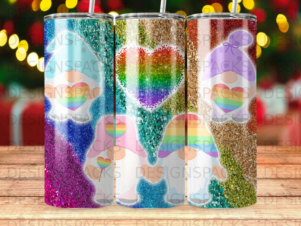 Glittery sublimation tumblers with colorful gnome and heart designs.
