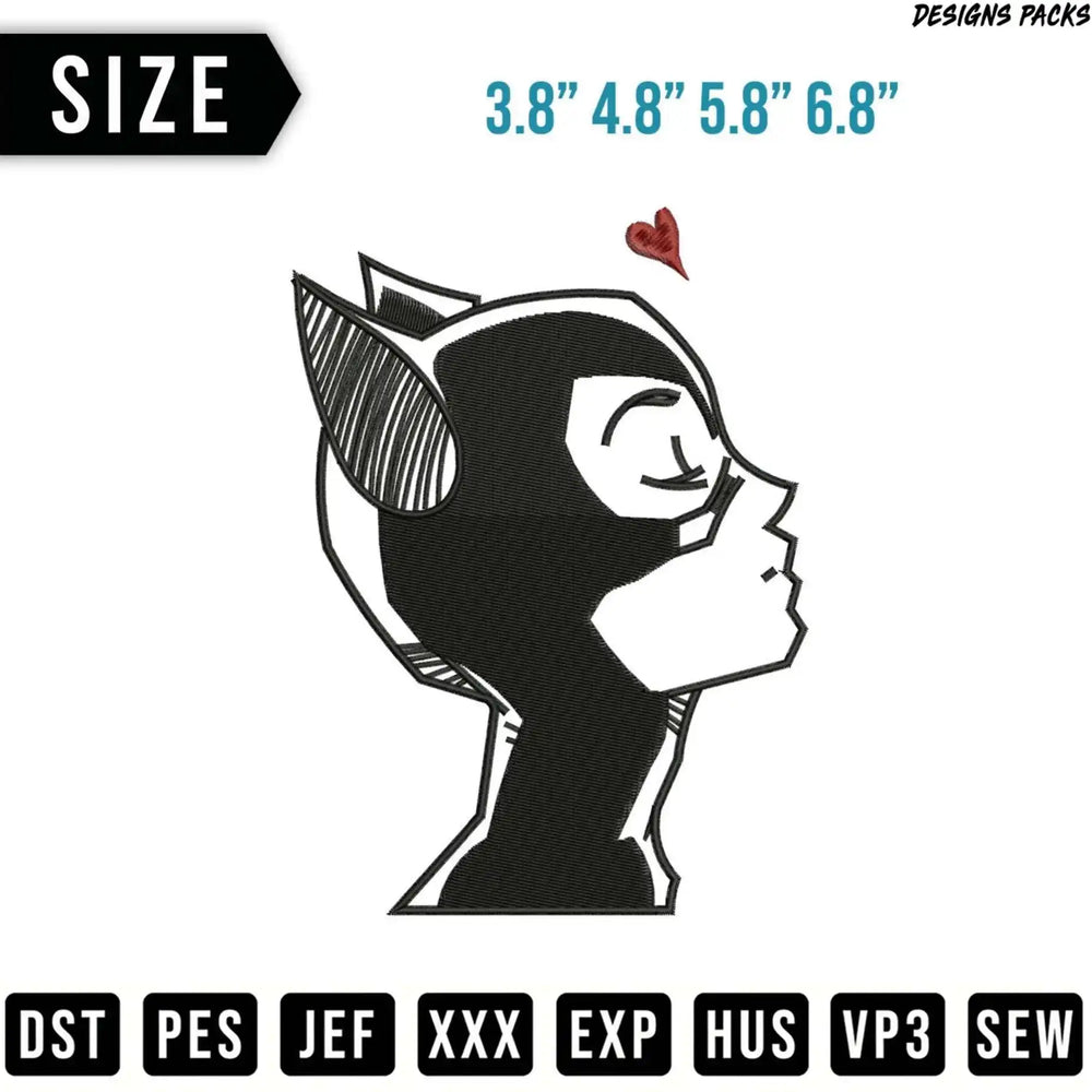 Black and white cat woman silhouette with heart, sizes and file formats.