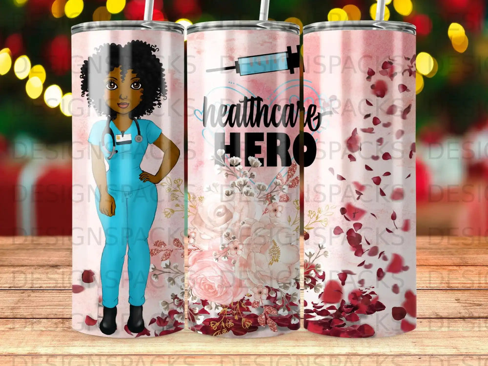 Healthcare Hero tumbler with stethoscope and syringe, pink floral accents.