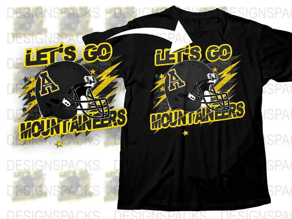 Let's Go Mountaineers Graphic T-Shirt, Bold Yellow and Black Sports Tee, Football Helmet Design, Athletic Fan Apparel