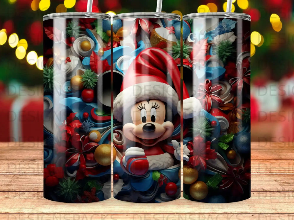 Minnie Mouse in Santa hat with holiday ornaments and festive decorations.
