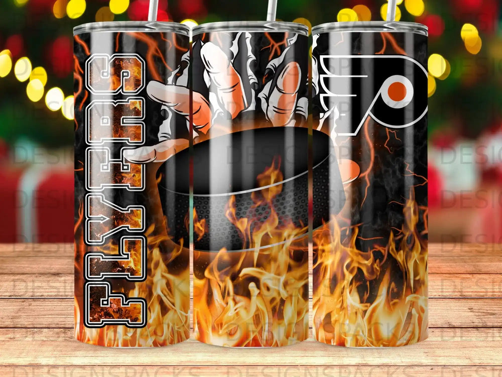Philadelphia Flyers logo on a tumbler with flames and lightning.