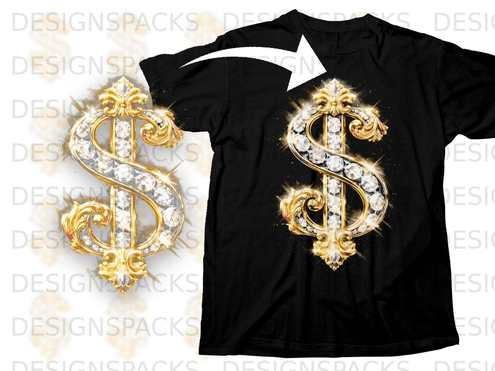 Black t-shirt with a gold, diamond-encrusted dollar sign graphic.