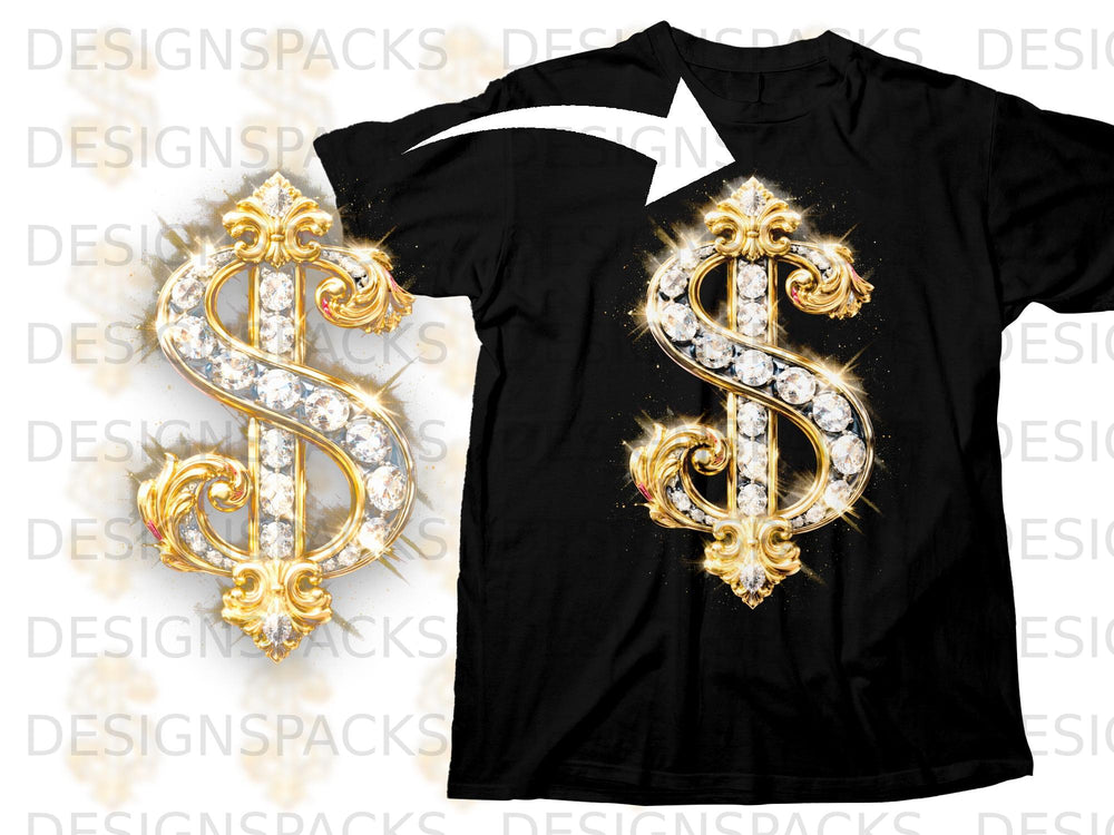 Black t-shirt with a gold, diamond-encrusted dollar sign graphic.