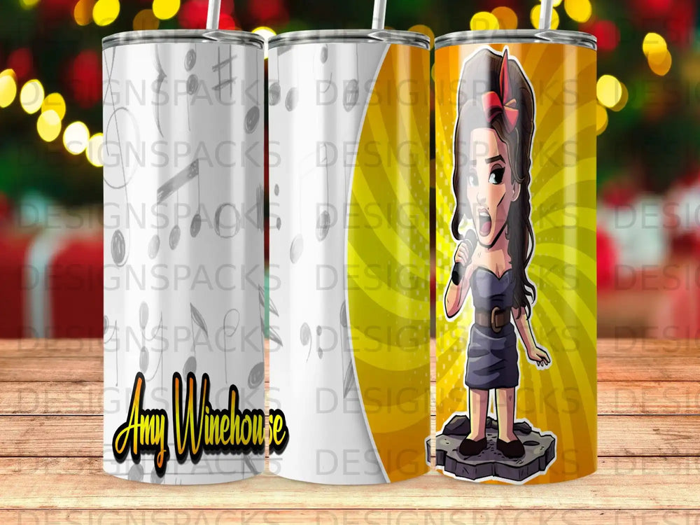 Amy Winehouse singing on a yellow background with abstract red and green elements.