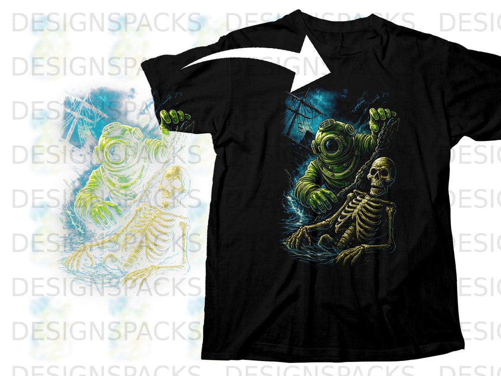 Black t-shirt featuring a vintage diver and skeleton grappling with a chain.