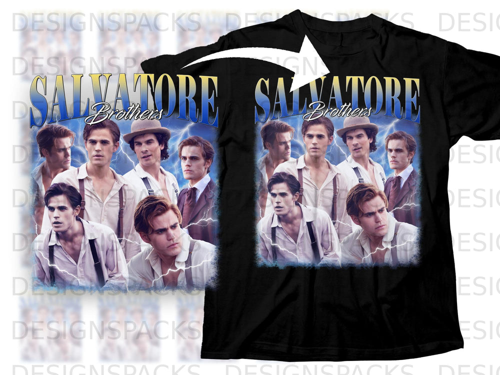 Salvatore Brothers graphic with men in collared shirts and suspenders on black t-shirt.