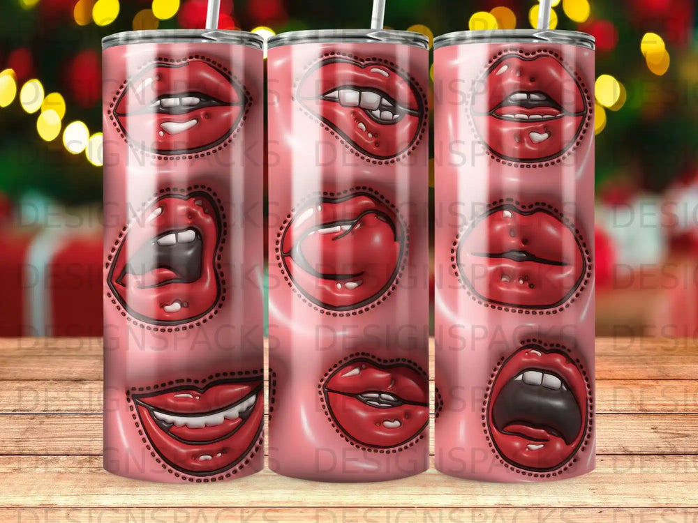 Pattern of red lips with various expressions, repeating across a pink background.