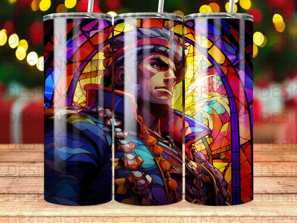 Stained glass portrait of a determined anime-style man with a blue and red uniform.
