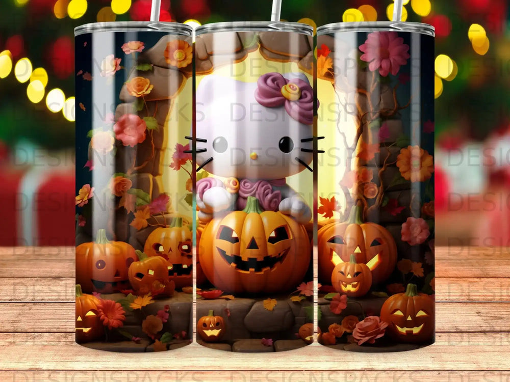 Hello Kitty in a pumpkin patch with jack-o'-lanterns.
