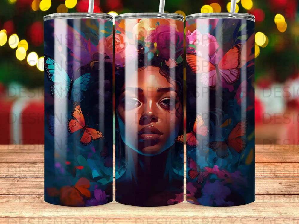 Woman's face surrounded by vibrant butterflies and flowers, art design.