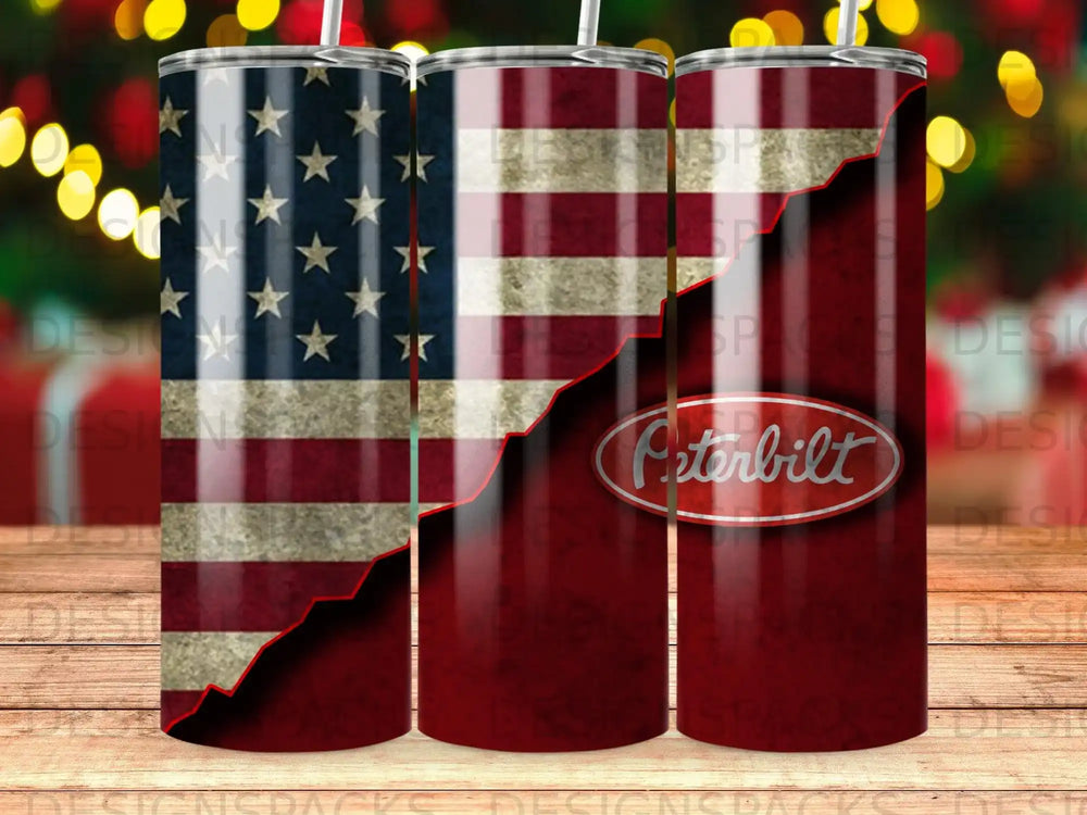 American flag and Peterbilt logo tumbler with a dark red background.