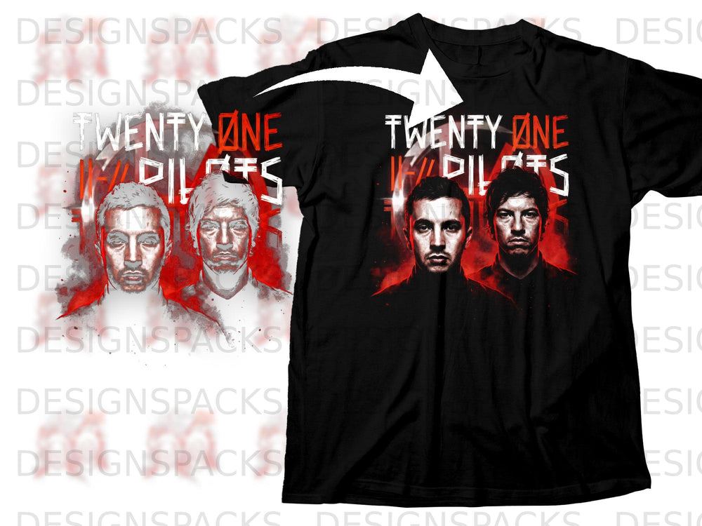 Black t-shirt with Twenty One Pilots artwork featuring two band members.