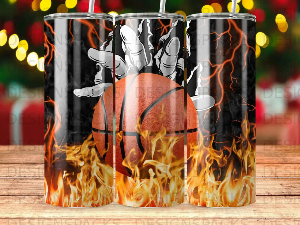 Basketball with fiery flames and lightning bolt accents on a tumbler wrap.
