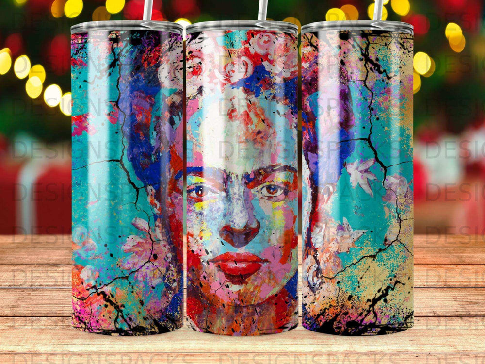 Abstract portrait of Frida Kahlo on a white tumbler with colorful paint splatters.