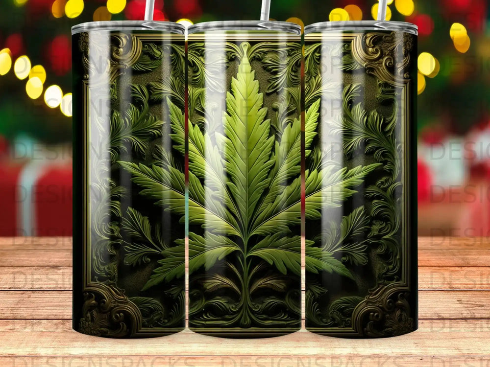 Gold embossed frame with a detailed green cannabis leaf on a dark background.