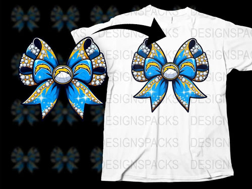 Cheerleader Blue and White Bow T-Shirt, Sparkly Rhinestone Design, Youth and Adult Sizes Available