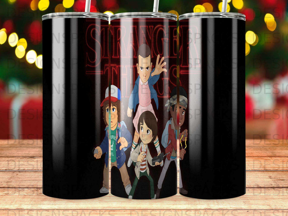 Eleven, Mike, Dustin, Lucas, and Will from Stranger Things on a black tumbler.