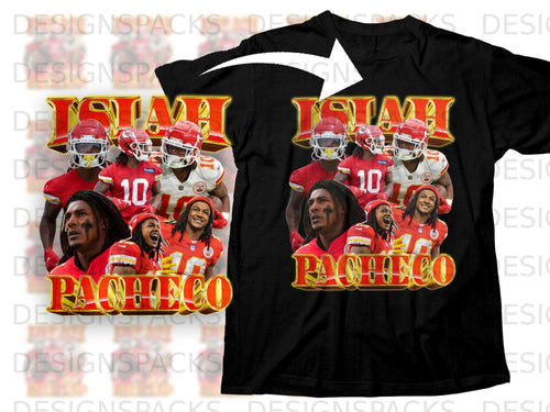 Kansas City Chiefs player Isiah Pacheco on a black t-shirt.