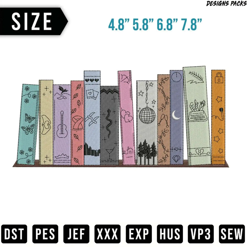 Embroidery designs of books with decorative icons and sizes 4.8 to 7.8 inches.