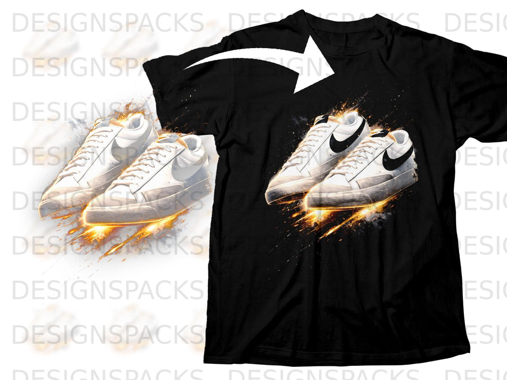Black t-shirt with white sneakers and fiery effects, showing a graphic transfer.