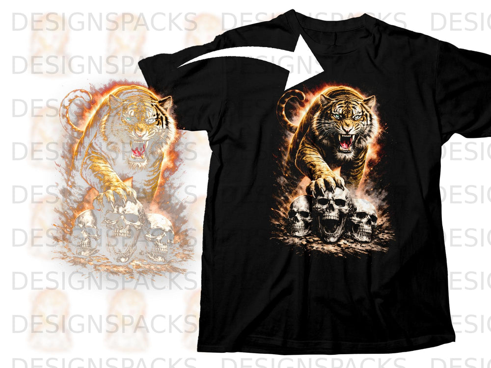Black t-shirt with roaring tiger and skulls graphic design.