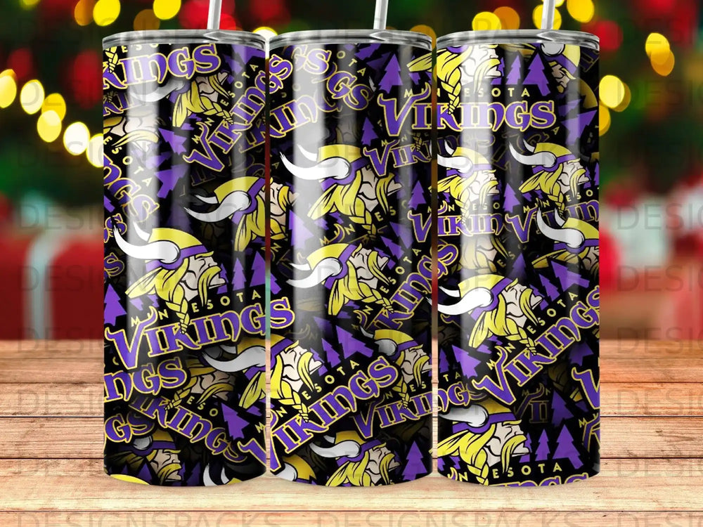 Minnesota Vikings team logo pattern on a purple tumbler.