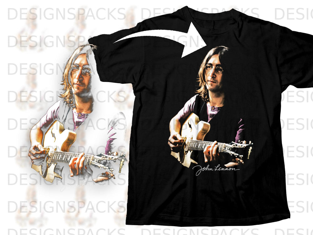 Black t-shirt featuring John Lennon playing a guitar with his signature.