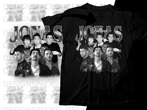Jonas Brothers band members on black t-shirt with signatures.