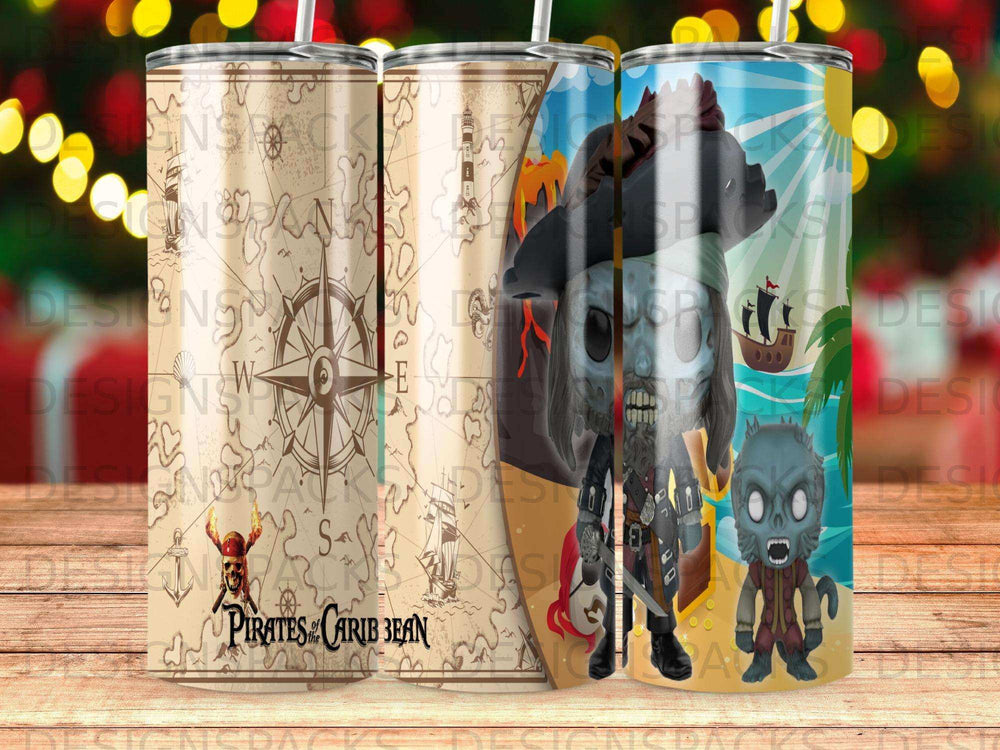 Pirates of the Caribbean themed tumbler with a compass and zombie pirate characters.