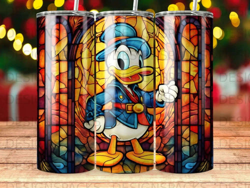 Donald Duck standing in front of a stained-glass window.